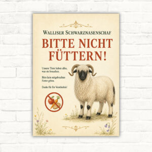 Walliser Schwarznasenschaf-Schild mit dem Text Bitte nicht füttern als bedrucktes Hinweisschild.