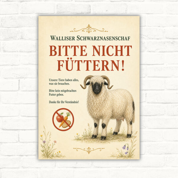 Walliser Schwarznasenschaf-Schild mit dem Text Bitte nicht füttern als bedrucktes Hinweisschild.