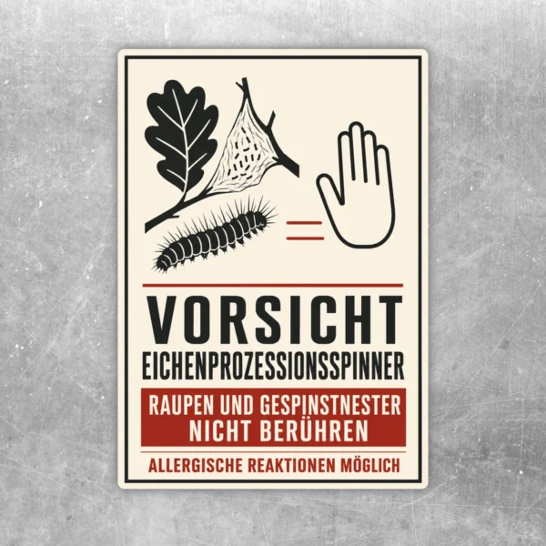 Vorsicht Eichenprozessionsspinner Aufkleber mit Raupe, Gespinstnest, Stopp-Hand und rotem Warntext im Hochformat.