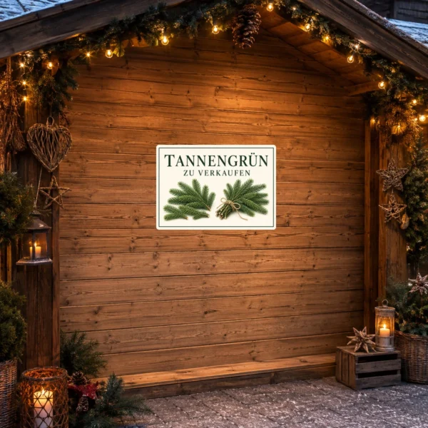 KI-generiertes Anwendungsbeispiel: Tannengrün zu verkaufen Aufkleber auf cremefarbenem Hintergrund mit grüner Schrift und Tannenzweigen.