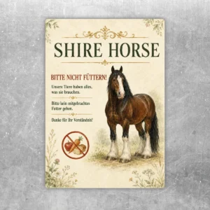 Bitte nicht füttern Aufkleber mit Shire-Horse-Motiv in Grün, Braun und Beige für Stall oder Weide.