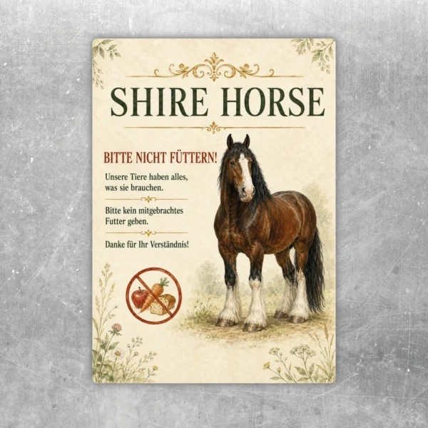 Bitte nicht füttern Aufkleber mit Shire-Horse-Motiv in Grün, Braun und Beige für Stall oder Weide.