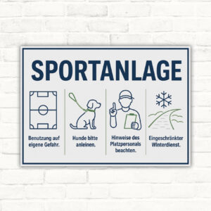Sportanlage Schild mit Platzregeln, Hunde bitte anleinen und eingeschränktem Winterdienst als Querformat-Schild.