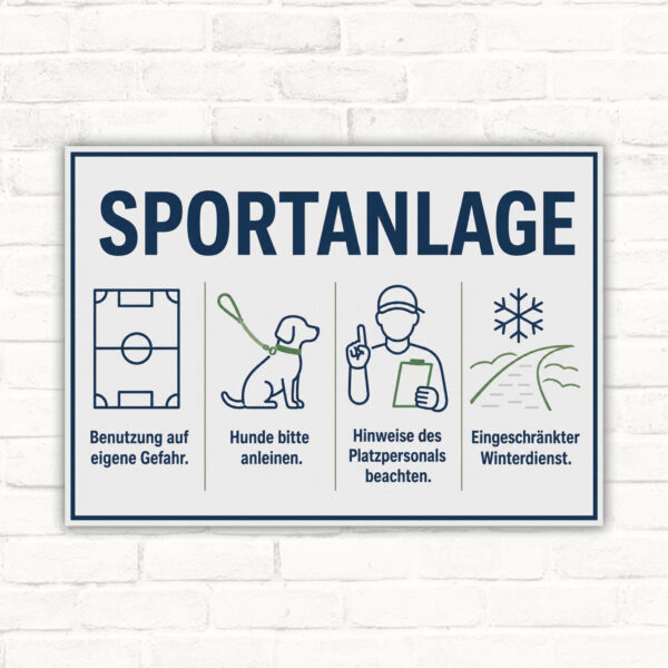 Sportanlage Schild mit Platzregeln, Hunde bitte anleinen und eingeschränktem Winterdienst als Querformat-Schild.
