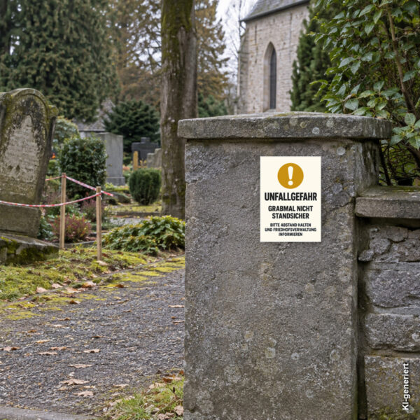 KI-generiertes Anwendungsbeispiel für Unfallgefahr – Grabmal nicht standsicher Schild – Hochformat