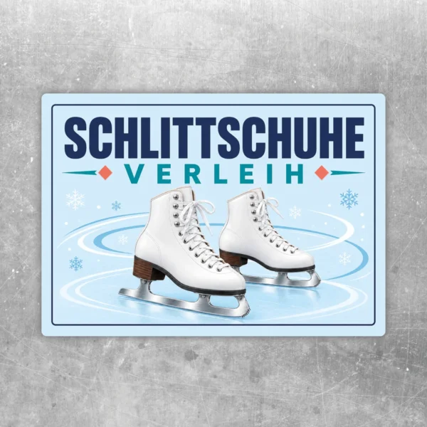 Schlittschuhe Verleih Aufkleber mit zwei weißen Eislaufschuhen, blauem Hintergrund und winterlicher Typografie.