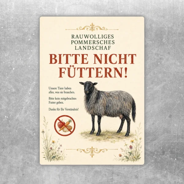 Bitte nicht füttern Aufkleber mit Rauwolligem Pommerschem Landschaf, dekorativem Hinweistext und floralem Rand in Hochformat.