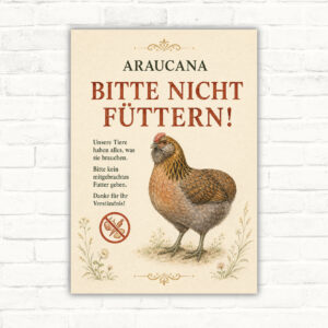 Araucana-Henne mit Text „BITTE NICHT FÜTTERN!“ als bedrucktes Hinweis- und Landwirtschaftsschild.
