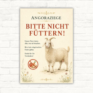 Schild mit Angoraziege und dem Text „BITTE NICHT FÜTTERN!“ als Hinweisschild für Hof und Gehege.