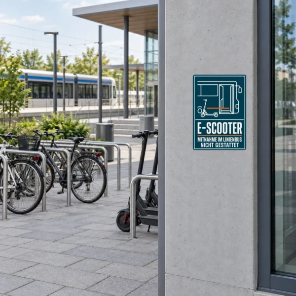 KI-generiertes Anwendungsbeispiel: E-Scooter Mitnahme im Linienbus nicht gestattet Aufkleber an grauer Fläche.