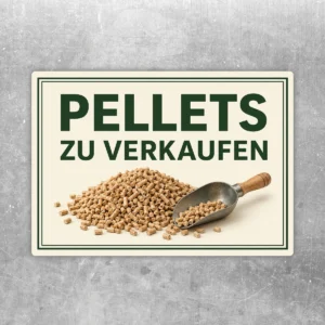 Querformatiger Aufkleber mit der Aufschrift „Pellets zu verkaufen“, grün-beige gestaltet mit Pellets und Schaufel.