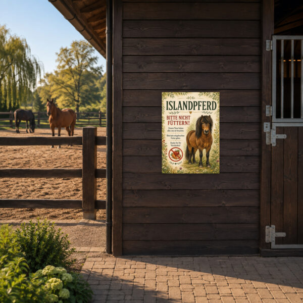 KI-generiertes Anwendungsbeispiel: Islandpferd bitte nicht füttern Schild an einem Weidezaun mit gut lesbarer Beschriftung.
