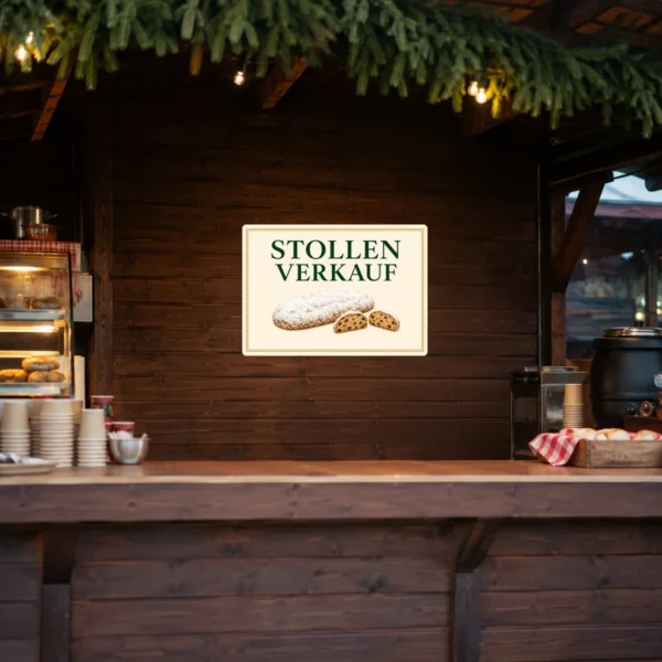 KI-generiertes Anwendungsbeispiel: Stollen Verkaufsschild Aufkleber auf einer hellen Thekenfläche in der Bäckerei mit natürlicher Warenpräsentation.