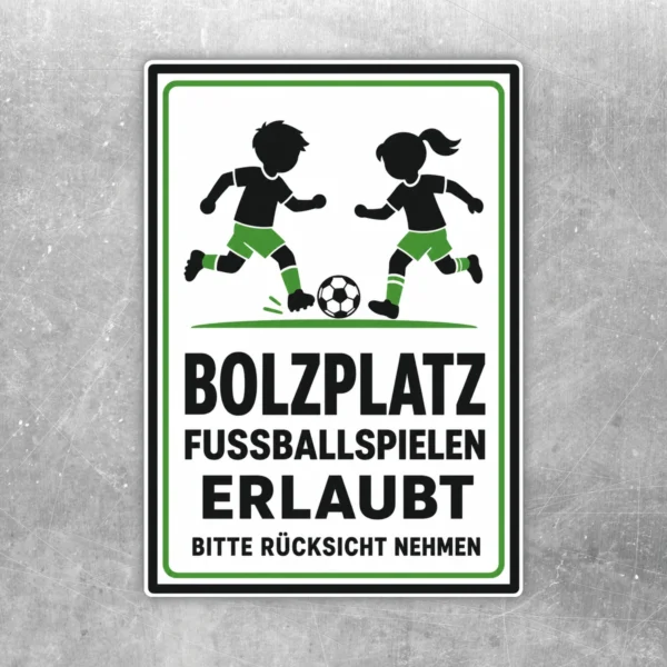 Bolzplatz Fußballspielen erlaubt Aufkleber mit zwei Kindern am Ball und Hinweis Bitte Rücksicht nehmen in Grün-Schwarz.
