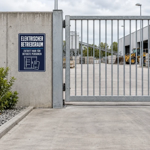 KI-generiertes Anwendungsbeispiel: Elektrischer Betriebsraum Aufkleber an grauer Wand mit weißer Schrift und türkisfarbener Linie.