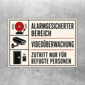 Querformat-Aufkleber mit Alarmglocke, Kamera und Türsymbol sowie Text zu Videoüberwachung und befugtem Zutritt.