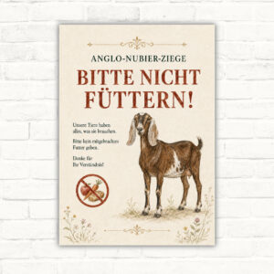 Anglo-Nubier-Ziege auf Schild mit Text Bitte nicht füttern als Hinweisschild für Stall und Weide.