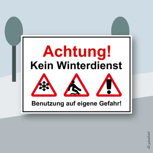 KI-generiertes Anwendungsbeispiel: Querformatiger Warnaufkleber Kein Winterdienst an einem Eingang mit roter Überschrift und Warnsymbolen.