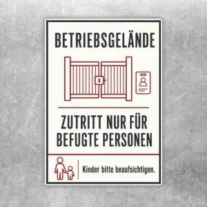 Aufkleber Betriebsgelände mit Torpiktogramm, Zutritt nur für befugte Personen und Hinweis Kinder beaufsichtigen.