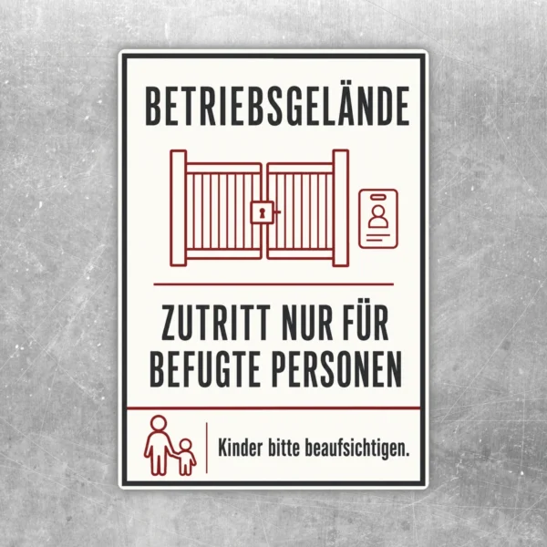 Aufkleber Betriebsgelände mit Torpiktogramm, Zutritt nur für befugte Personen und Hinweis Kinder beaufsichtigen.