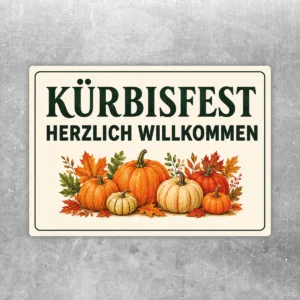 Kürbisfest Aufkleber mit „Herzlich willkommen“, Kürbissen und herbstlichen Blättern in warmen Orange- und Grüntönen.