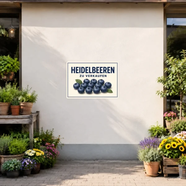 KI-generiertes Anwendungsbeispiel: Heidelbeeren zu verkaufen Aufkleber auf einer Verkaufsfläche mit dunklen Heidelbeeren und klarer Beschriftung.