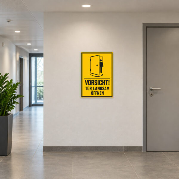 KI-generiertes Anwendungsbeispiel: Gelbes Vorsicht Tür langsam öffnen Schild mit Piktogramm an einer Werkstatttür zur klaren Warnung.