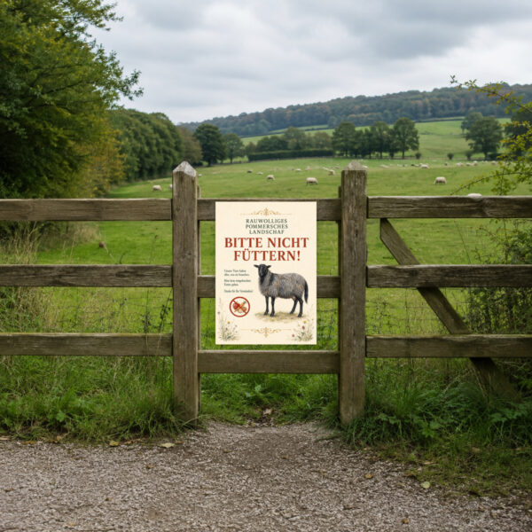 KI-generiertes Anwendungsbeispiel: Bitte nicht füttern Schild mit rauwolligem Pommerschem Landschaf für Hof, Weide und Besucherweg.