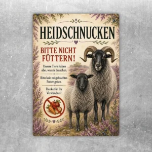 Heidschnucken bitte nicht füttern Aufkleber mit zwei Schafen, floraler Naturbordüre und gut lesbarem Hinweistext.