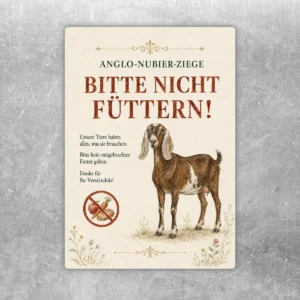 Aufkleber mit Anglo-Nubier-Ziege und dem Hinweis „Bitte nicht füttern“ in warmen Beige-, Braun- und Rottönen.