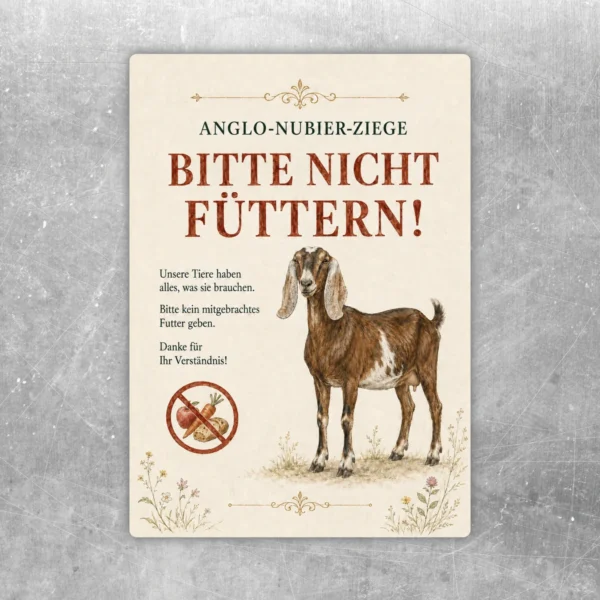 Aufkleber mit Anglo-Nubier-Ziege und dem Hinweis „Bitte nicht füttern“ in warmen Beige-, Braun- und Rottönen.