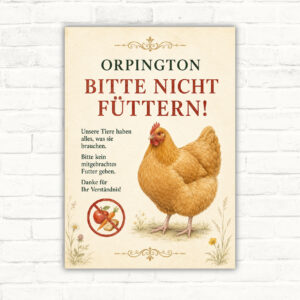 Orpington-Huhn auf dem Bitte nicht füttern Schild mit Hinweistext für Stall, Hof und Zaun.