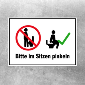 Querformatiger Aufkleber mit Bitte im Sitzen pinkeln-Motiv, rotem Verbotssymbol, grünem Haken und schwarzem Text auf weißem Grund.