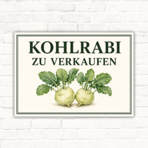 Querformat-Schild mit der Aufschrift „Kohlrabi zu verkaufen“ und zwei gezeichneten Kohlrabi auf hellem Hintergrund.