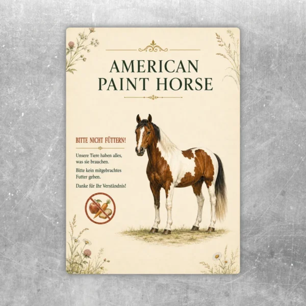 Bitte nicht füttern Aufkleber mit American Paint Horse im Hochformat für Stall, Weide und Hof.