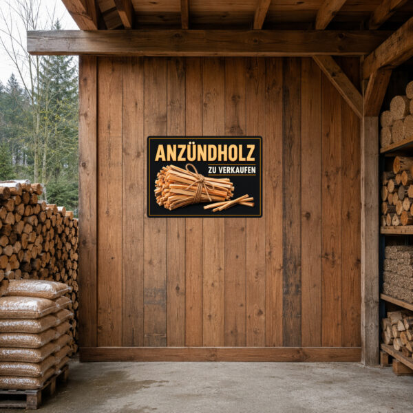 KI-generiertes Anwendungsbeispiel: Anzündholz zu verkaufen Aufkleber am passenden Einsatzort.