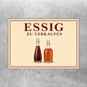 Beiger Essig zu verkaufen Aufkleber mit dunkelroter Schrift, Rahmen und zwei Flaschen im Vintage-Look.