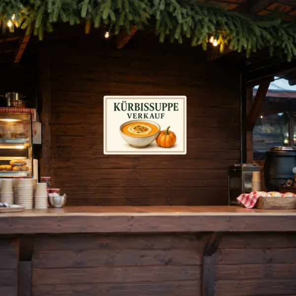 KI-generiertes Anwendungsbeispiel: Kürbissuppe Verkaufsschild Aufkleber auf einer Verkaufsfläche mit Schale, Kürbis und herbstlicher Farbwirkung.