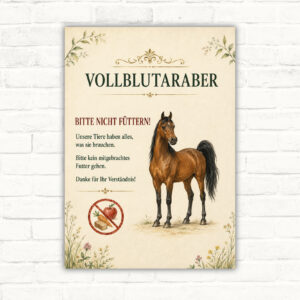 Vollblutaraber-Schild mit dem Text Bitte nicht füttern als dekoratives Hinweisschild für Stall und Weide.