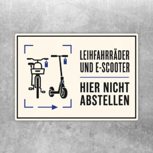 Aufkleber mit Fahrrad- und E-Scooter-Piktogramm sowie Text Leihfahrräder und E-Scooter hier nicht abstellen.