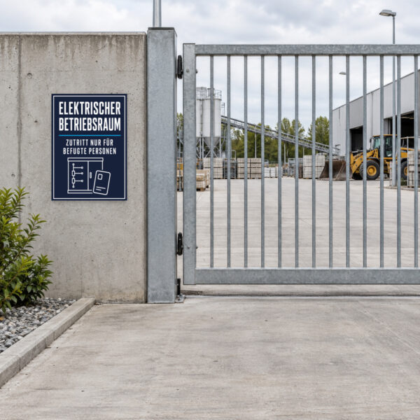 KI-generiertes Anwendungsbeispiel: Schild für den elektrischen Betriebsraum mit Hinweis „Zutritt nur für befugte Personen“ in Weiß auf Dunkelblau.