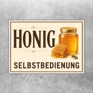 Honig Selbstbedienung Aufkleber mit Glas, Wabe und Biene in warmen Beige-, Braun- und Goldtönen.