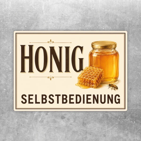 Honig Selbstbedienung Aufkleber mit Glas, Wabe und Biene in warmen Beige-, Braun- und Goldtönen.