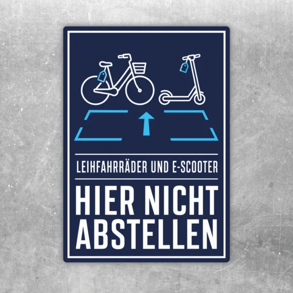 Dunkelblauer Aufkleber mit Fahrrad, E-Scooter und Text „Leihfahrräder und E-Scooter hier nicht abstellen“.