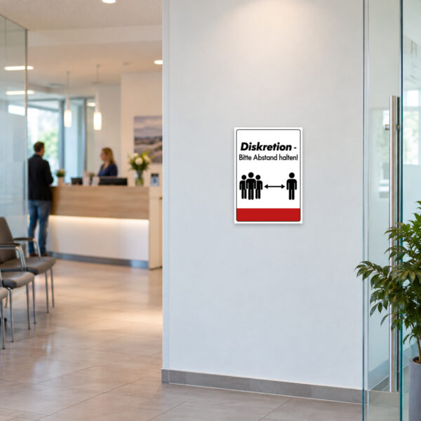 KI-generiertes Anwendungsbeispiel: Diskretion Schild „Bitte Abstand halten“ im Hochformat am passenden Einsatzort mit gut sichtbarem Motiv und klarer Beschriftung.