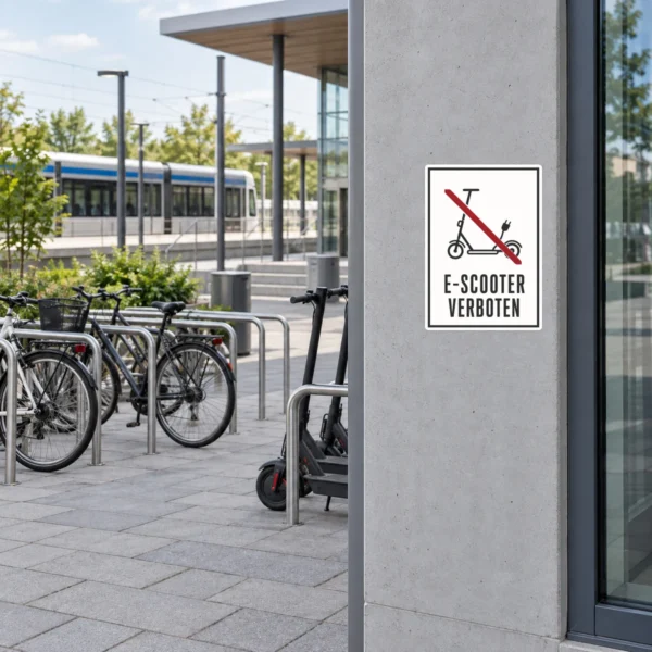 KI-generiertes Anwendungsbeispiel: E-Scooter verboten Aufkleber auf grauer Fläche mit rotem Verbotsbalken und Text.