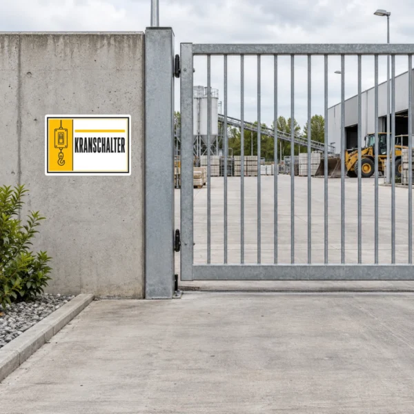 KI-generiertes Anwendungsbeispiel: Kranschalter Kennzeichnung Aufkleber auf grauer Industriefläche mit gelb-schwarzem Motiv.