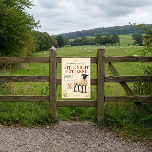 KI-generiertes Anwendungsbeispiel: Bitte nicht füttern Schild mit Suffolk-Schaf und rotem Verbotssymbol am Weidezaun.