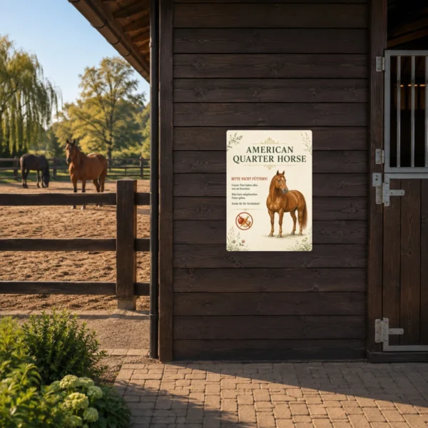 KI-generiertes Anwendungsbeispiel: American Quarter Horse Aufkleber mit Bitte-nicht-füttern-Hinweis an einer Stalltür