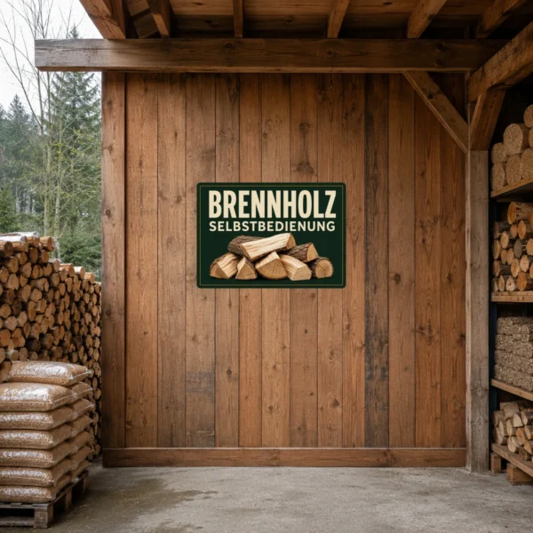 KI-generiertes Anwendungsbeispiel: Brennholz Selbstbedienung Aufkleber an einer Holzbox mit klarer Verkaufskennzeichnung und warmem Holzmotiv.